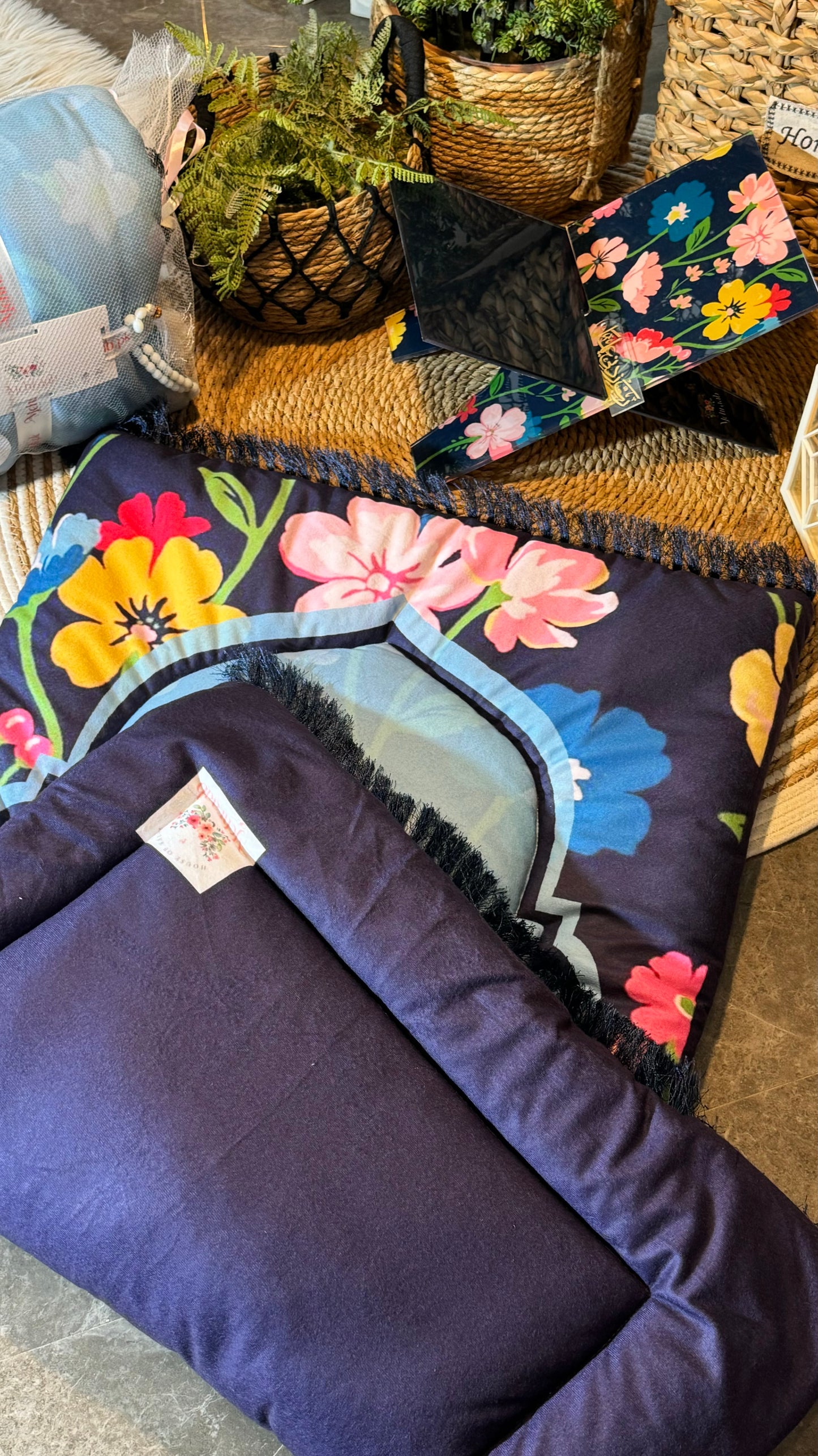 Ad04: Floral Serenity – Premium Velvet Adult Prayer Mat in Soft Blue