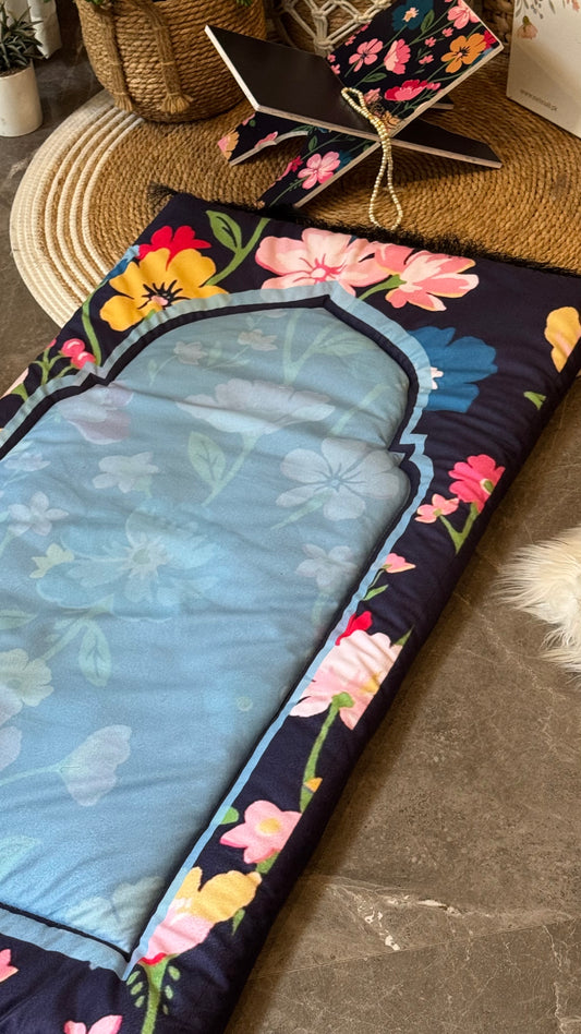 Ad04: Floral Serenity – Premium Velvet Adult Prayer Mat in Soft Blue