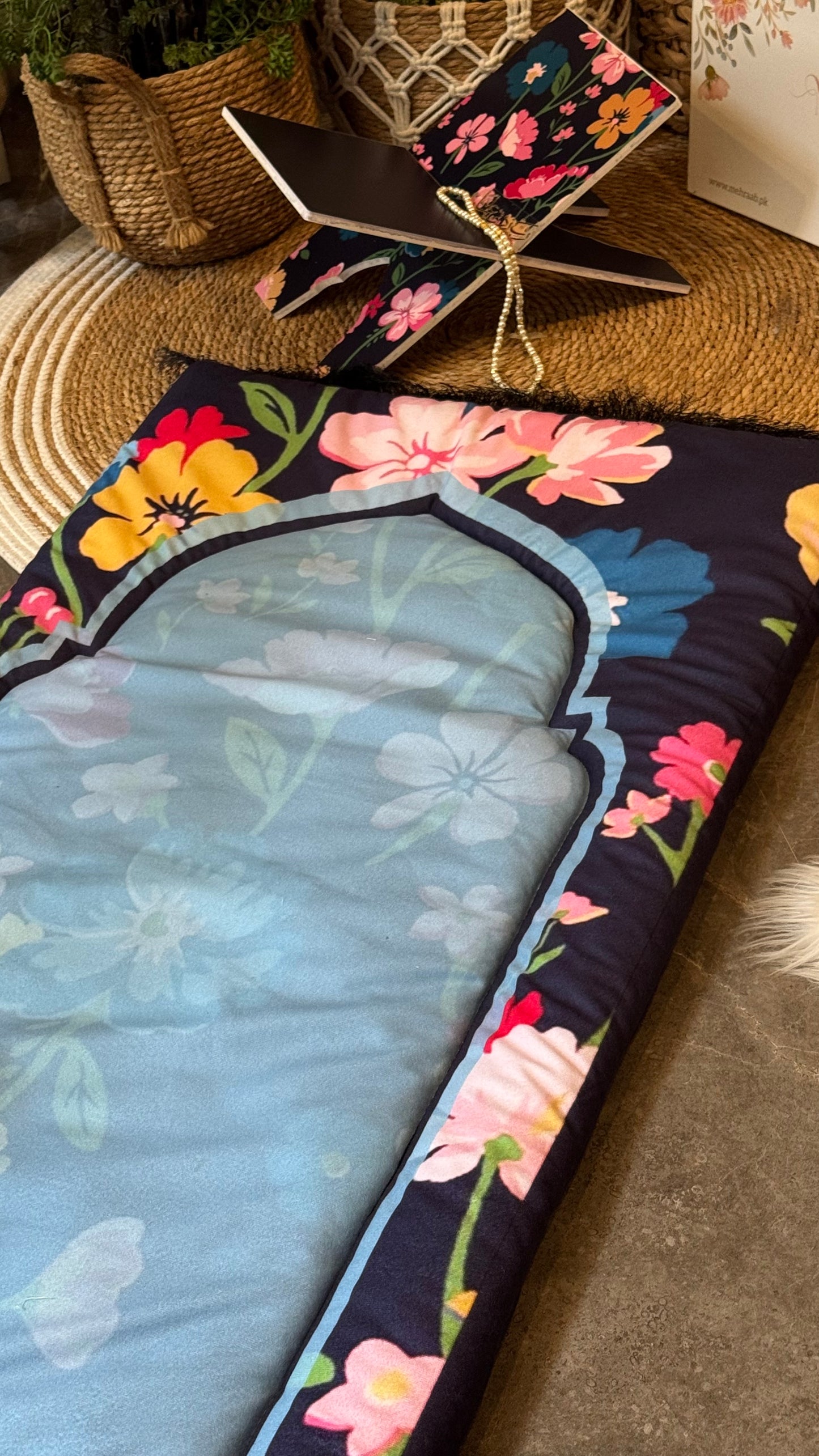 Ad04: Floral Serenity – Premium Velvet Adult Prayer Mat in Soft Blue