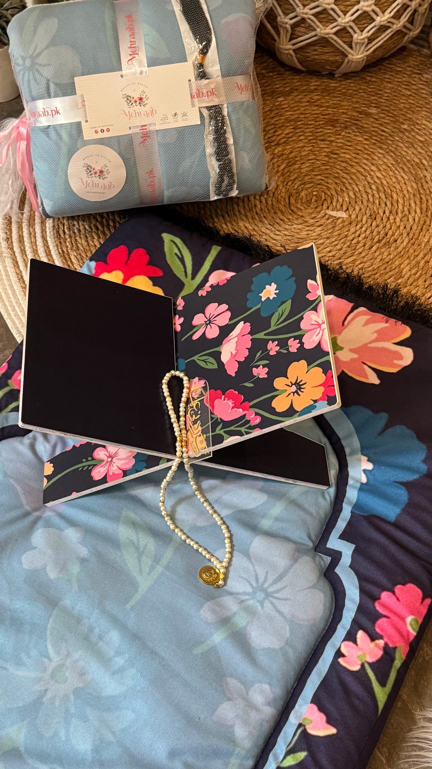 Ad04: Floral Serenity – Premium Velvet Adult Prayer Mat in Soft Blue