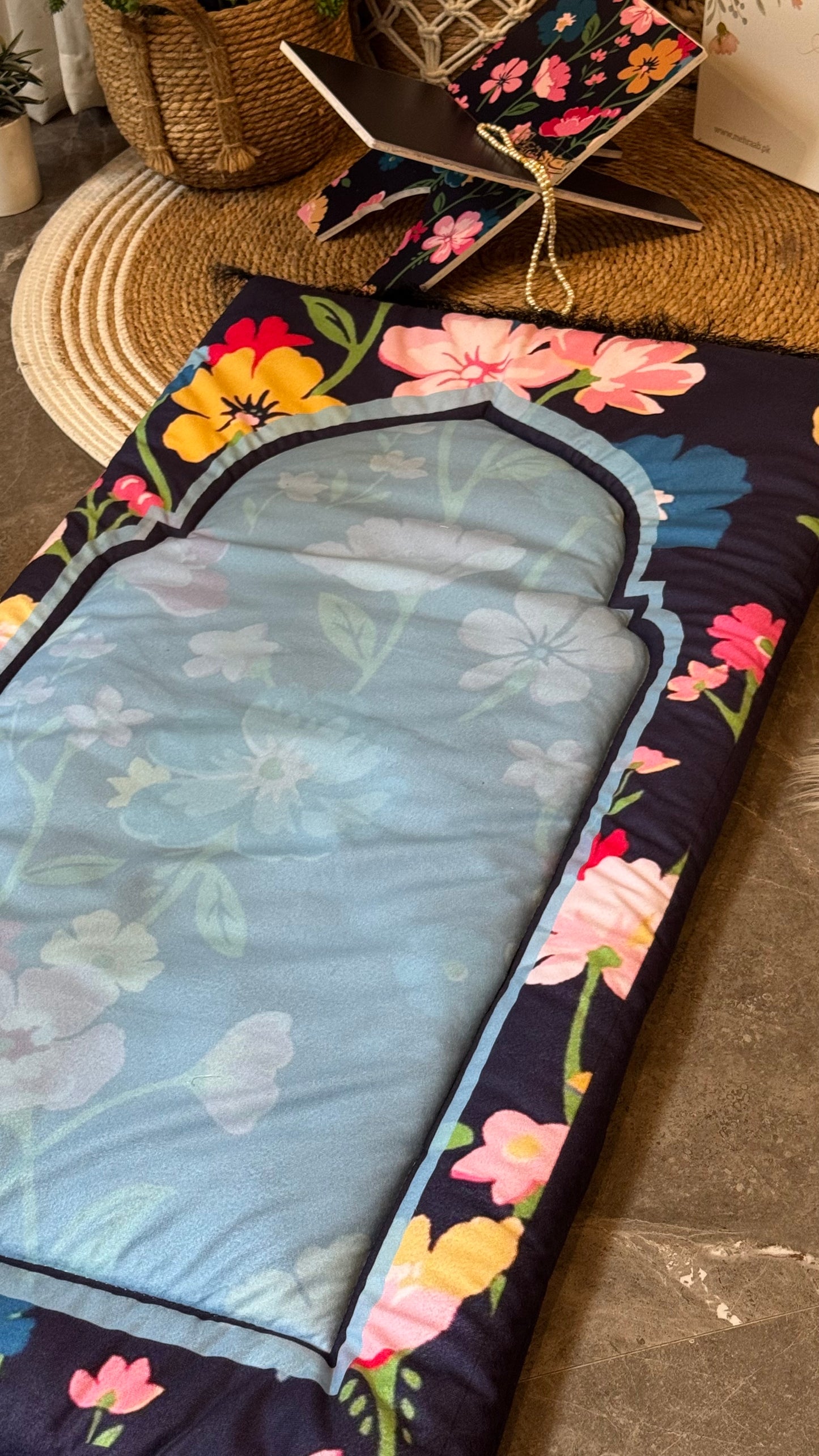 Ad04: Floral Serenity – Premium Velvet Adult Prayer Mat in Soft Blue
