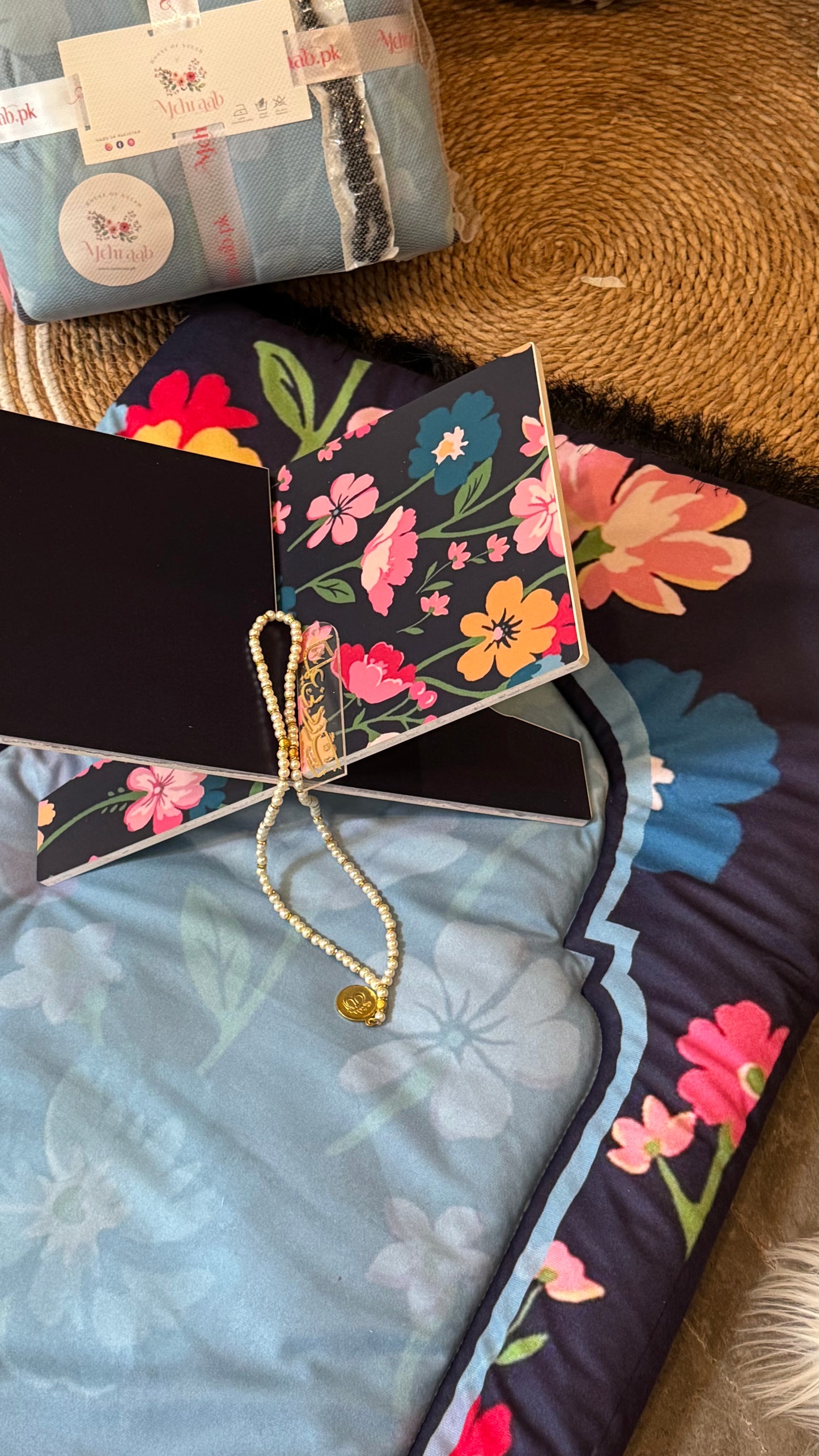 Ad04: Floral Serenity – Premium Velvet Adult Prayer Mat in Soft Blue