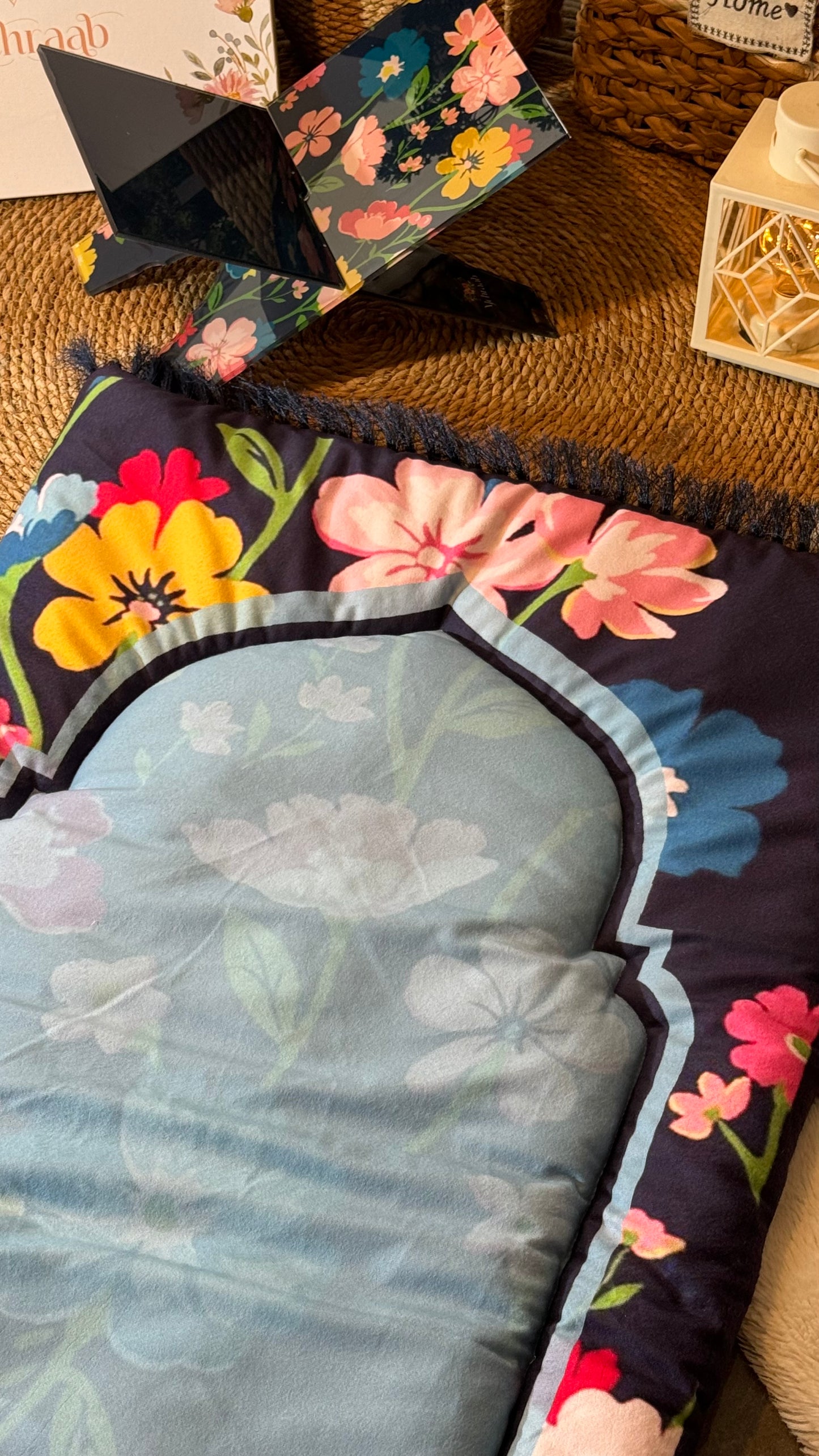 Ad04: Floral Serenity – Premium Velvet Adult Prayer Mat in Soft Blue