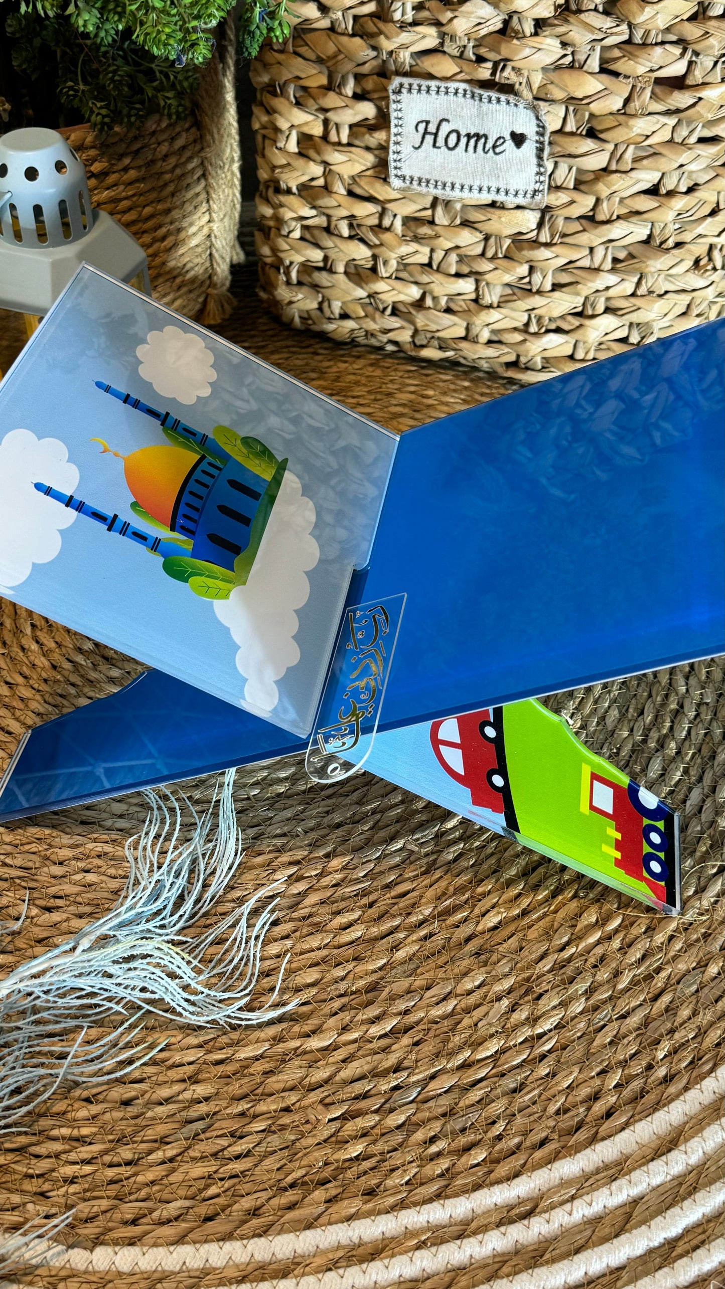 BBk:002(Kids):Blue mosque prayer mat with matching rehal,tasbeeh and bookmark.