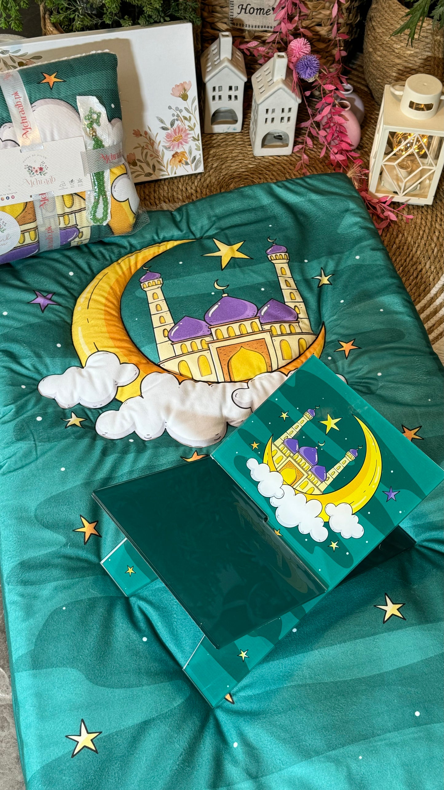 K02:Teal green prayer mat with mosque on the clouds