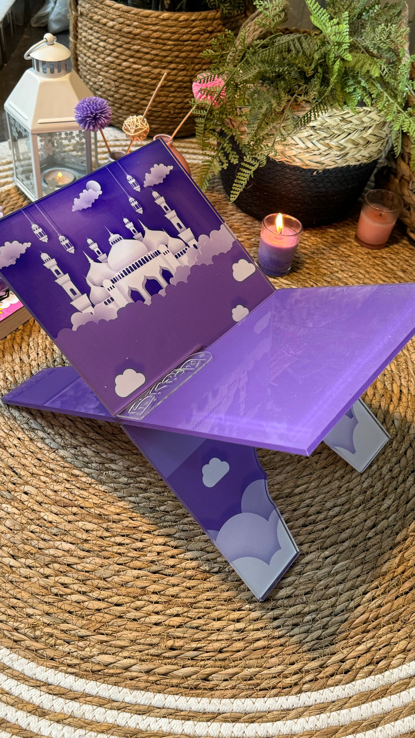 Rk04:Purple Rehal /Quran holder with masjid.