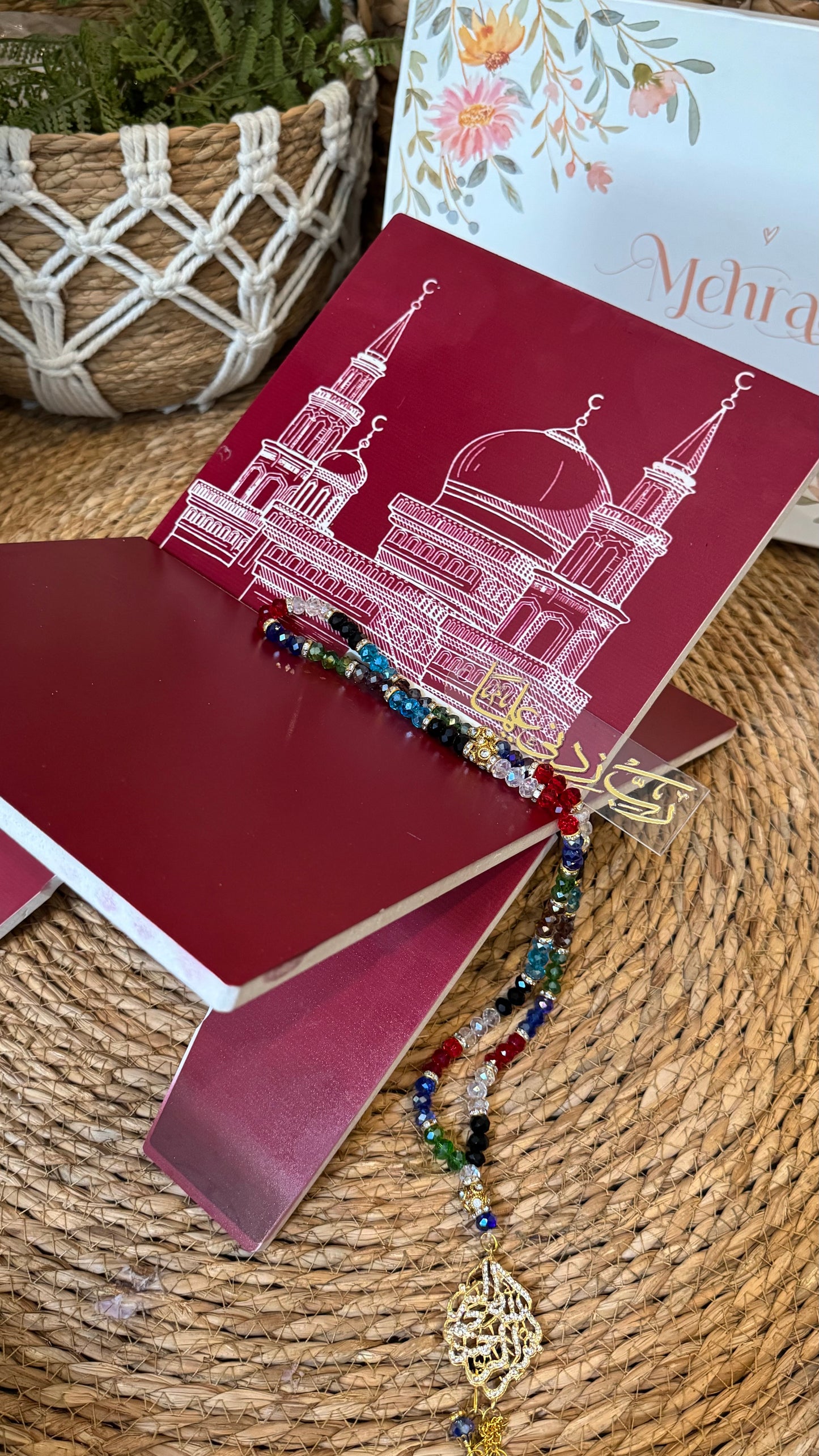 Ad12:Red color masjid e nabwi blessing bundle (prayer mat , Rehal ,tasbeeh & bookmark)