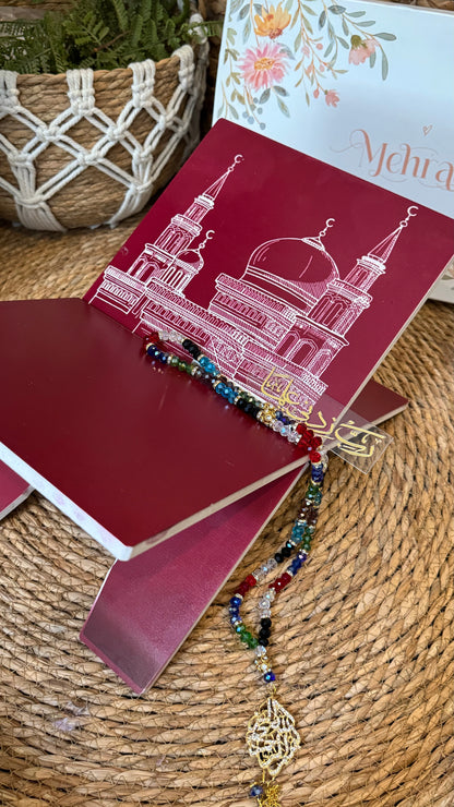 Ad12:Red color masjid e nabwi blessing bundle (prayer mat , Rehal ,tasbeeh & bookmark)