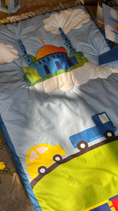 K08:Sky blue prayer mat with colorful cars and a mosque on clouds