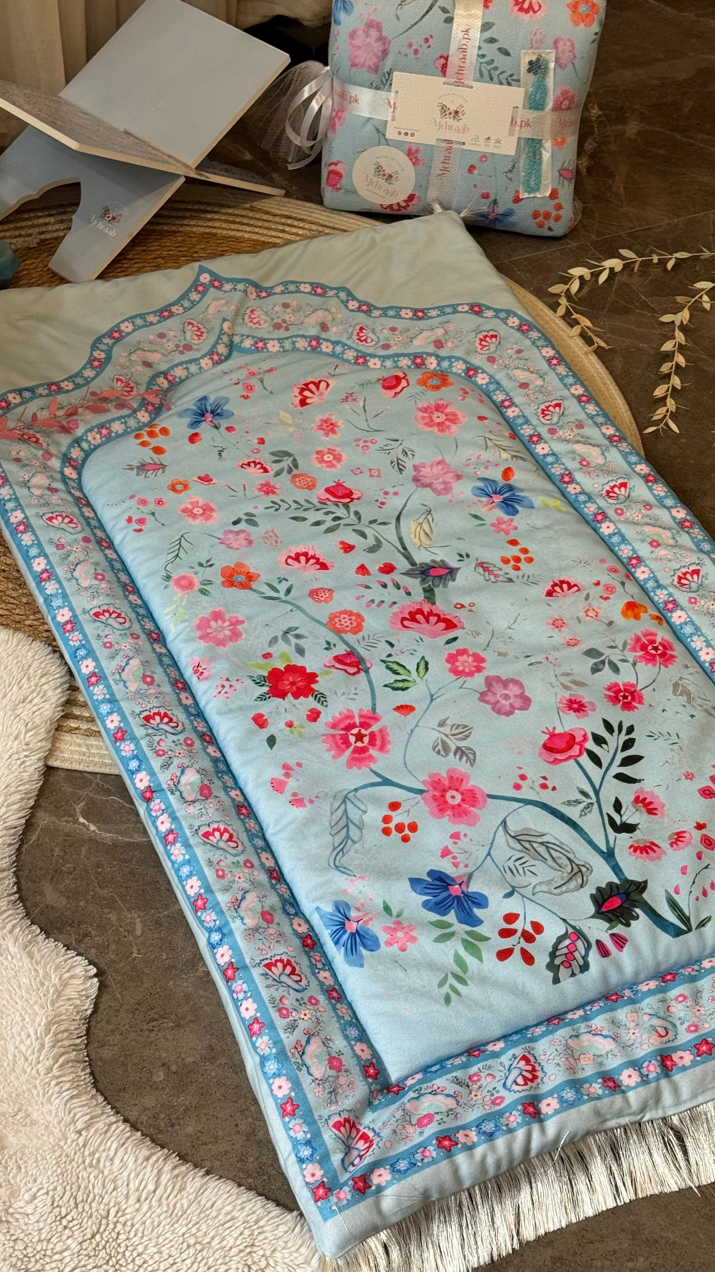Noor-e-Gul – Sky Blue Velvet Adult Prayer Mat