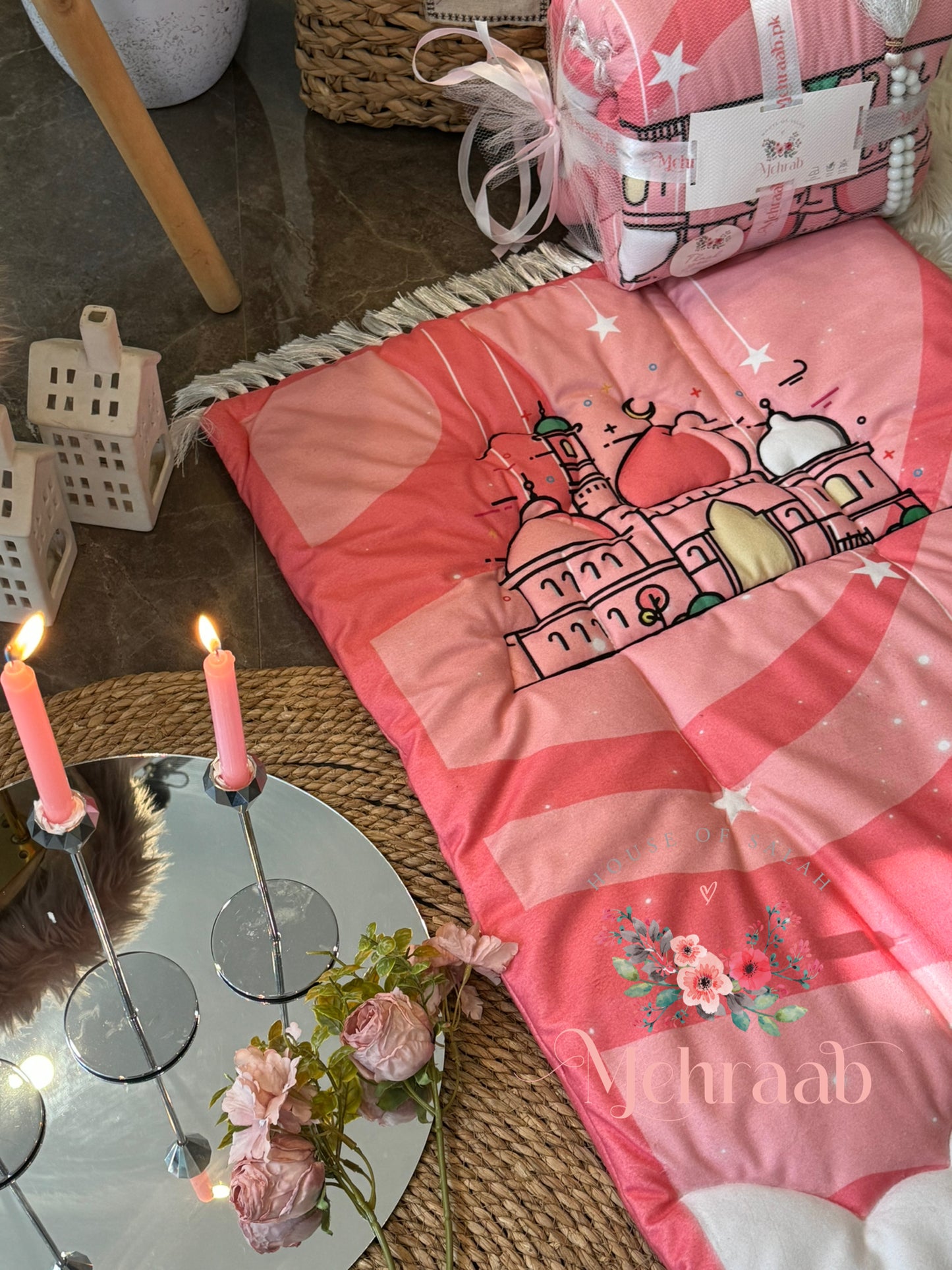 BBk:004(Kids): bundle for kids in shade of pink with illustration of mosque,matching rehal,tasbeeh and bookmark.