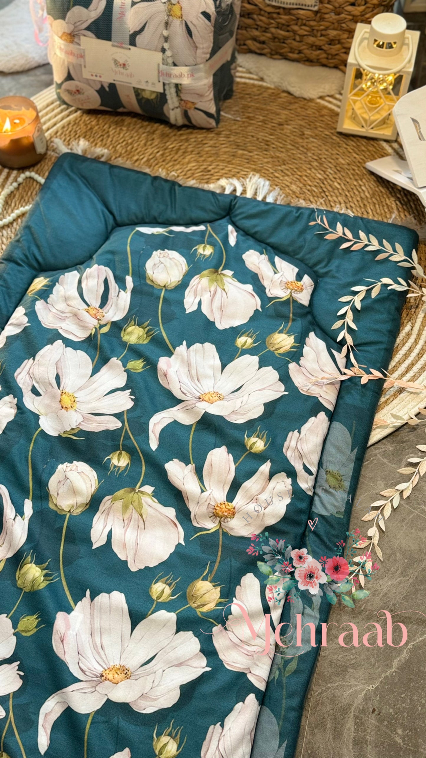 Ad10:Teal green janamaz with floral print