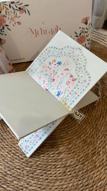 Noor-e-Gul – Ivory Blush blessing bundle( prayer mat,Rehal tasbeeh & bookmark)