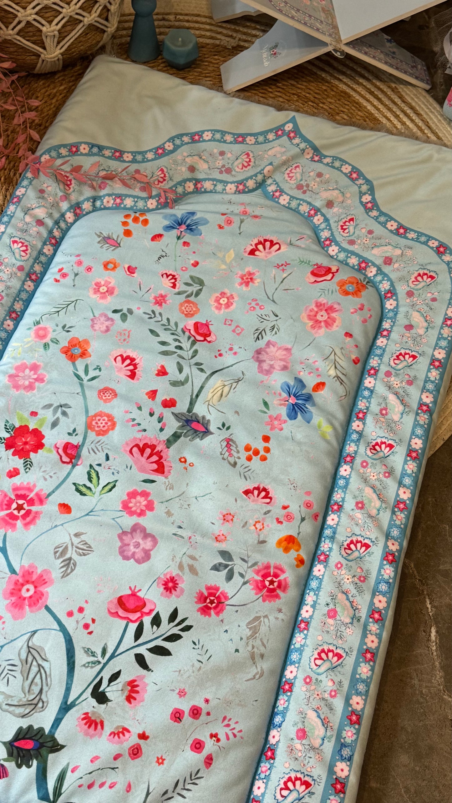 Noor-e-Gul – Sky Blue (prayer mat , Rehal ,tasbeeh & bookmark)