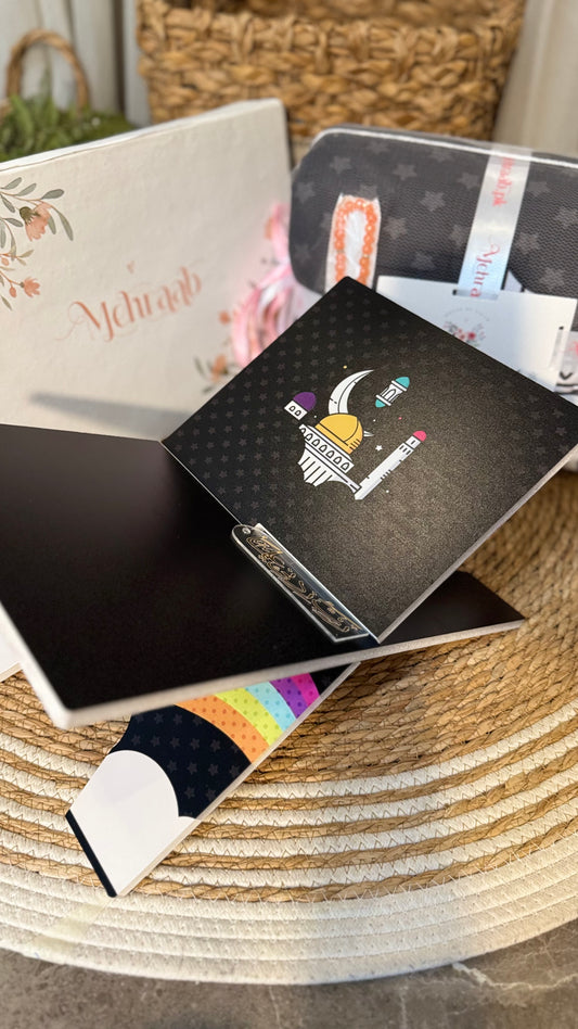 Rk07:Black Rehal with illustration of rainbow and clouds.