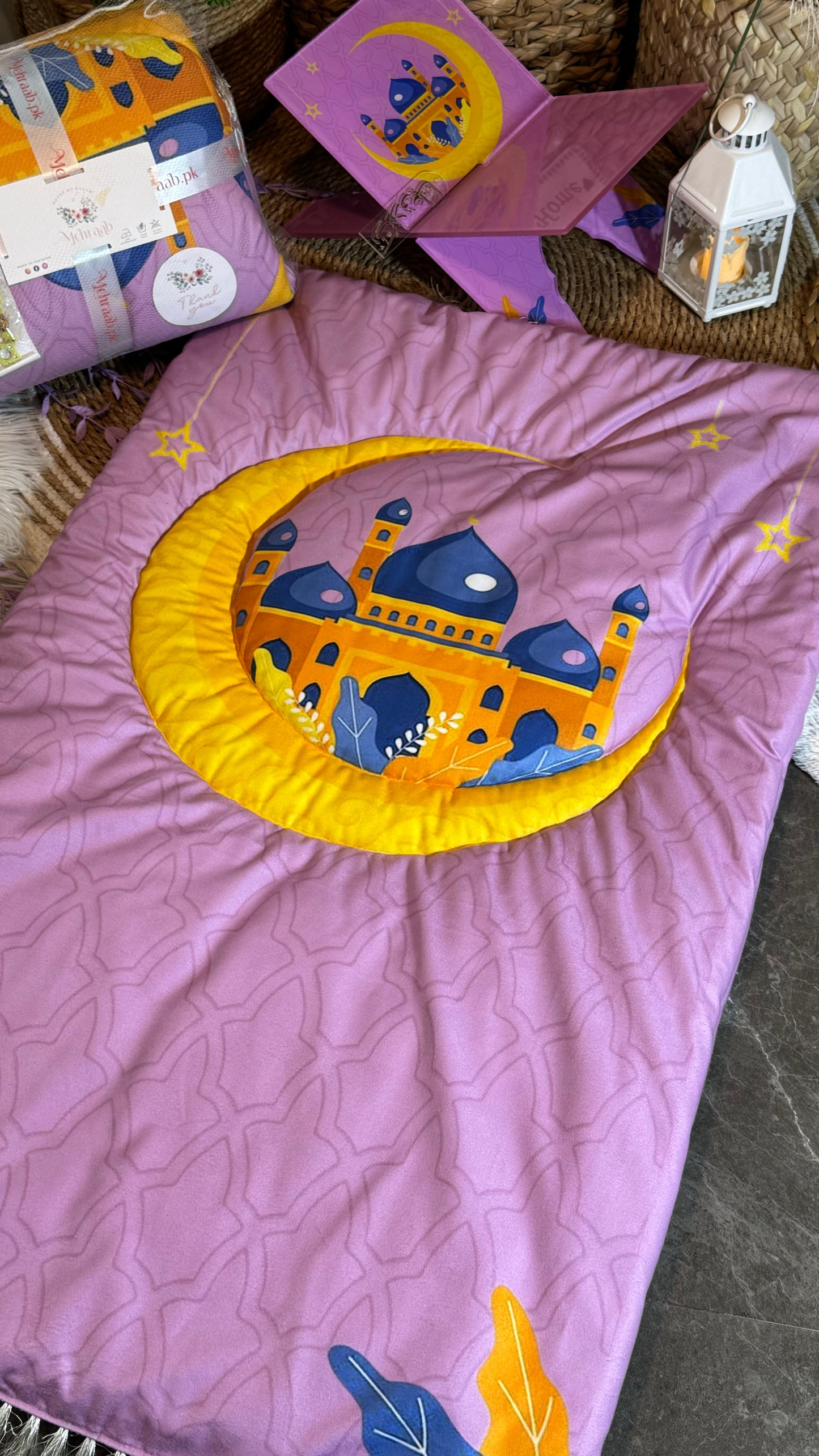 K28:Majestic Mauve Mosque Kids’ (prayer Mat &Tasbeeh).