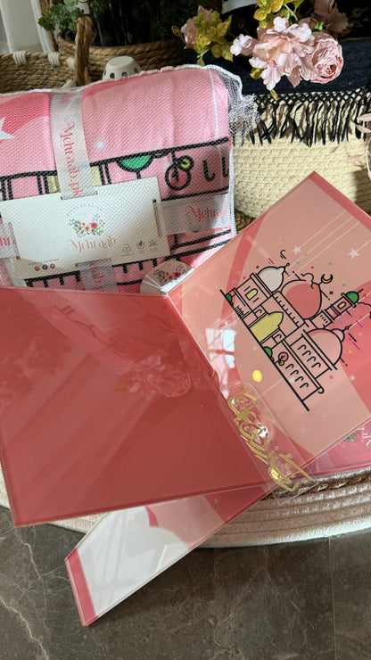 BBk:004(Kids): bundle for kids in shade of pink with illustration of mosque,matching rehal,tasbeeh and bookmark.