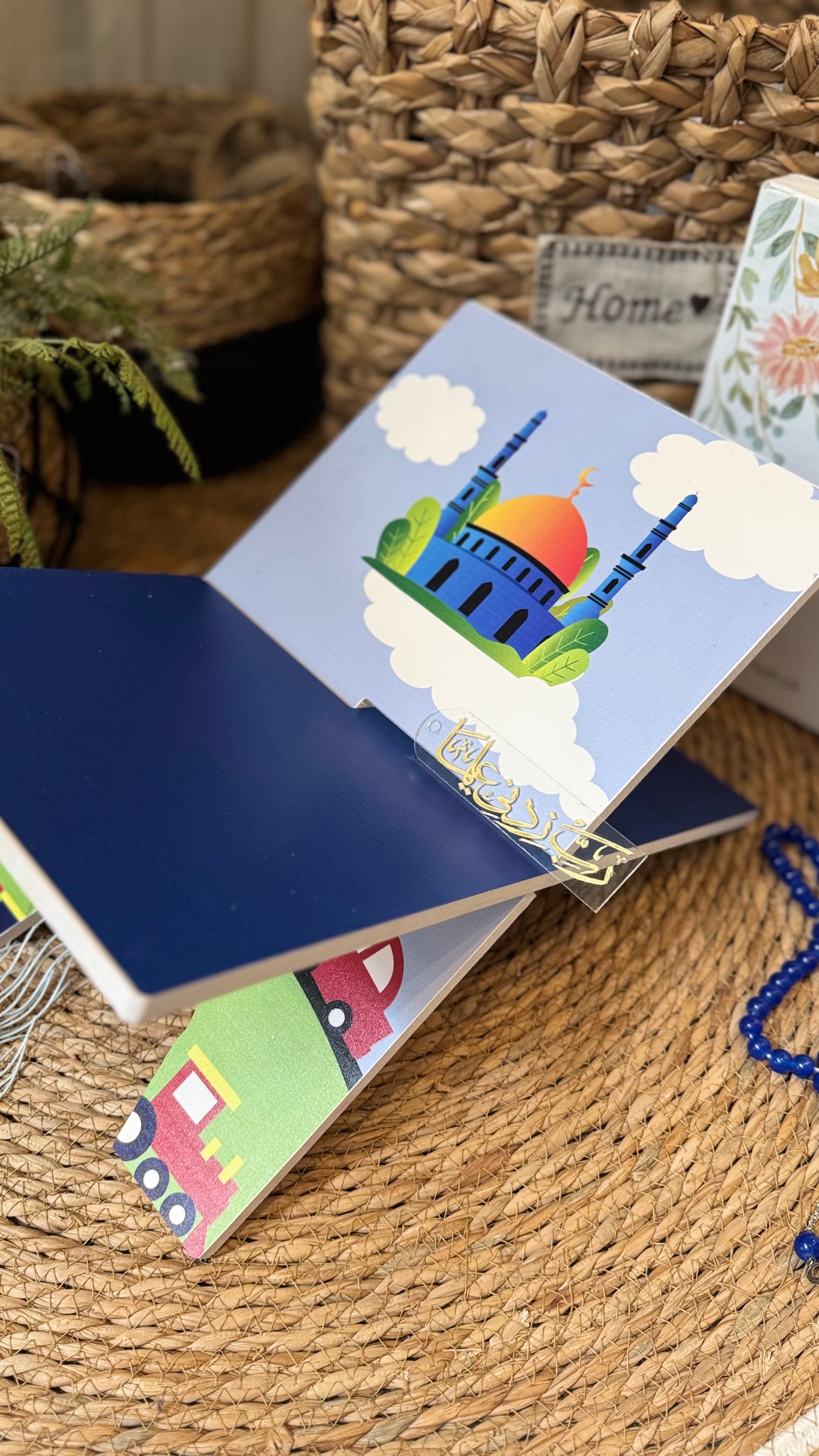 Rk08:sky blue prayer mat with cars and masjid.