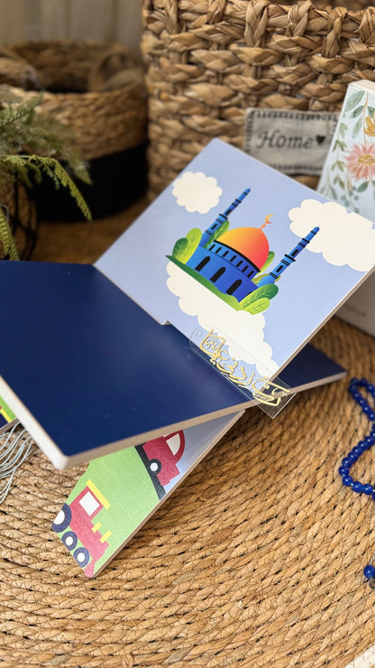 Rk08:sky blue prayer mat with cars and masjid.