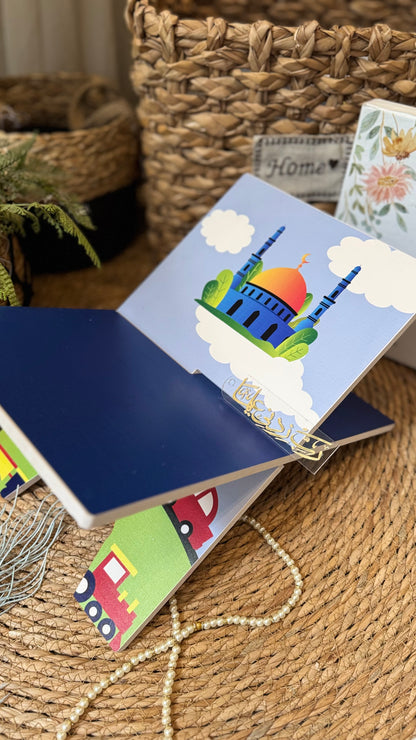 Rk08:sky blue prayer mat with cars and masjid.