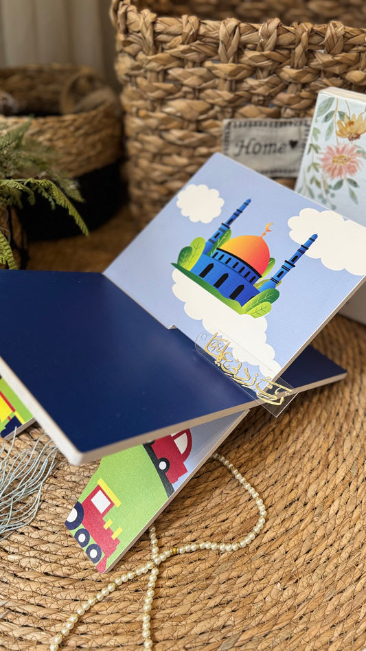 Rk08:sky blue prayer mat with cars and masjid.