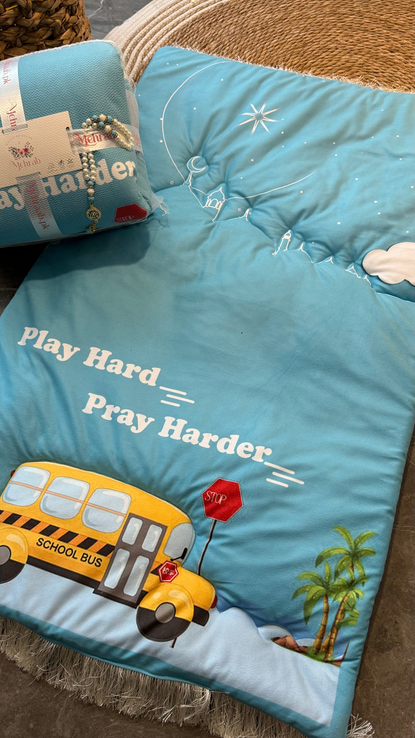 K14:Blue unisex bus kids janamaz/prayer mat.