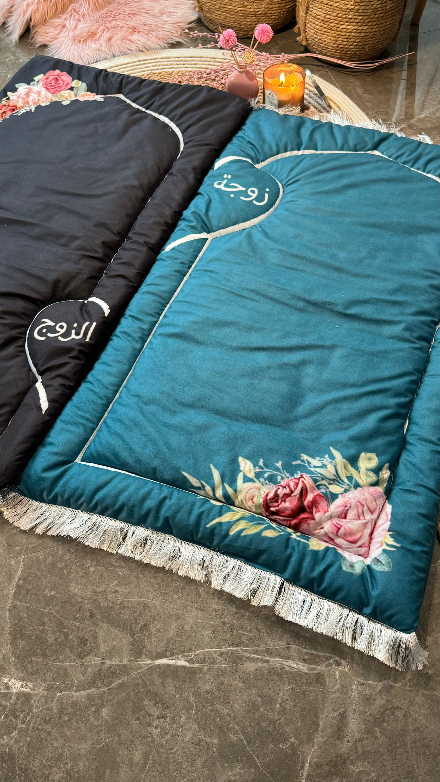 Cp02:black and teal prayer mats for couples.