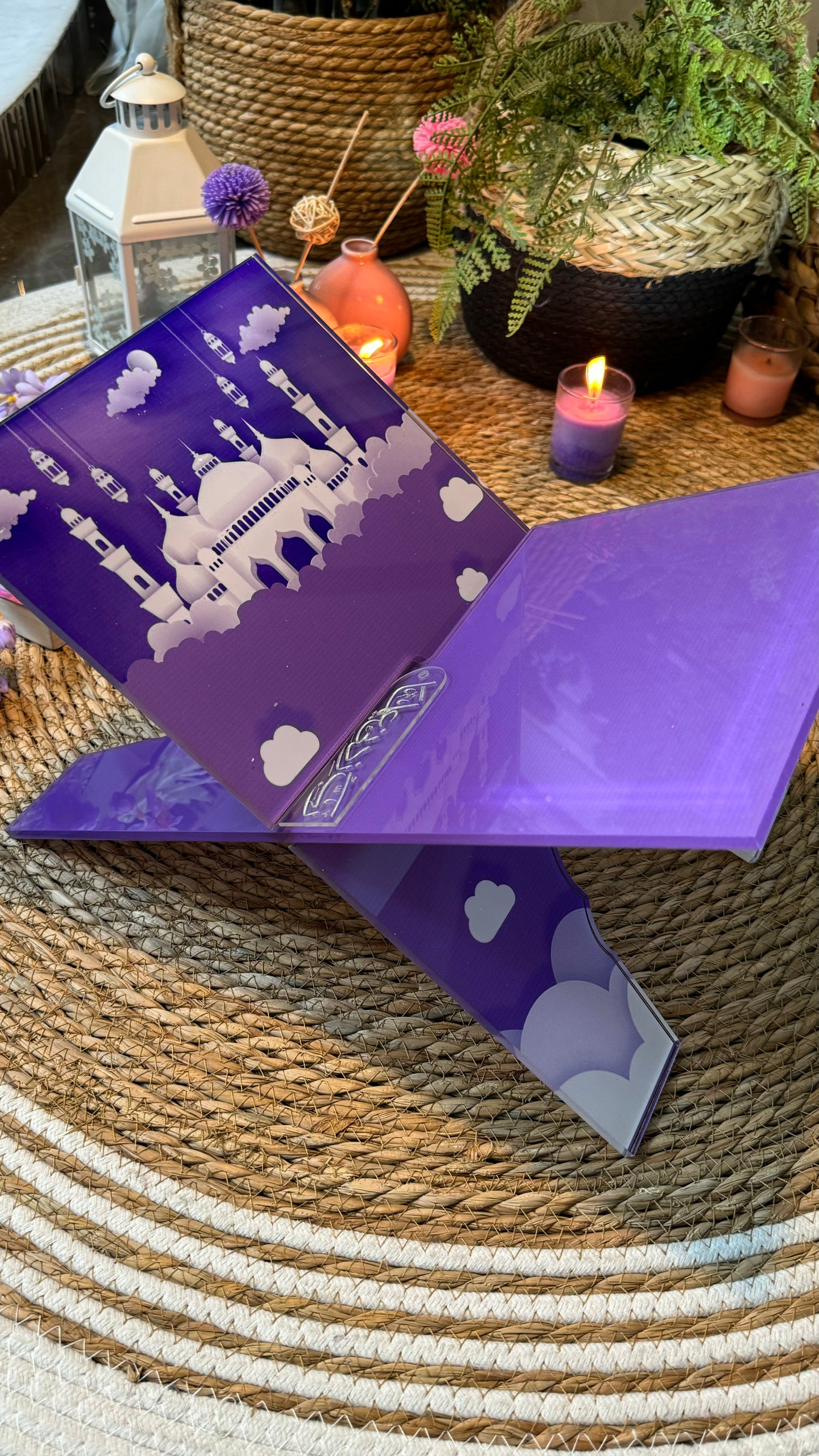 Rk04:Purple Rehal /Quran holder with masjid.