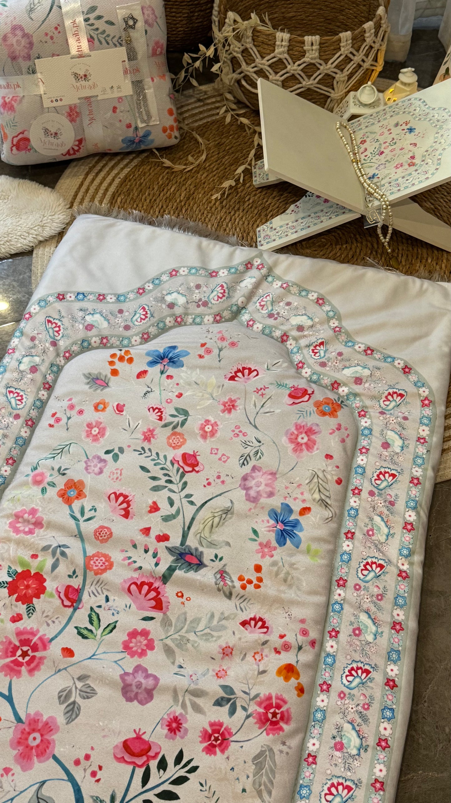 Noor-e-Gul – Ivory Blush blessing bundle( prayer mat,Rehal tasbeeh & bookmark)