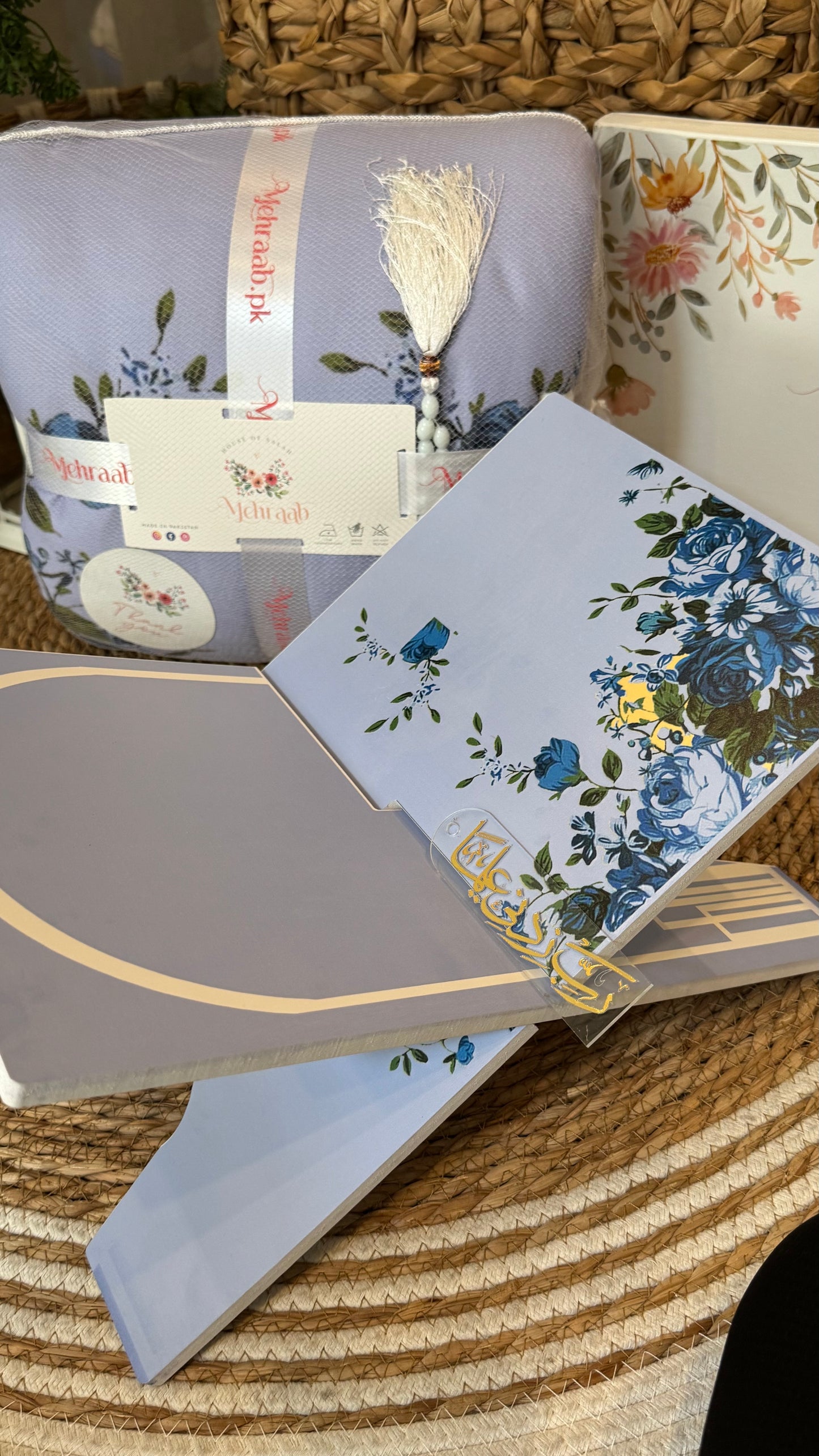 Ad03: Blossom Serenity blessing bundle ( prayer mat, Rehal, tasbeeh & bookmark)