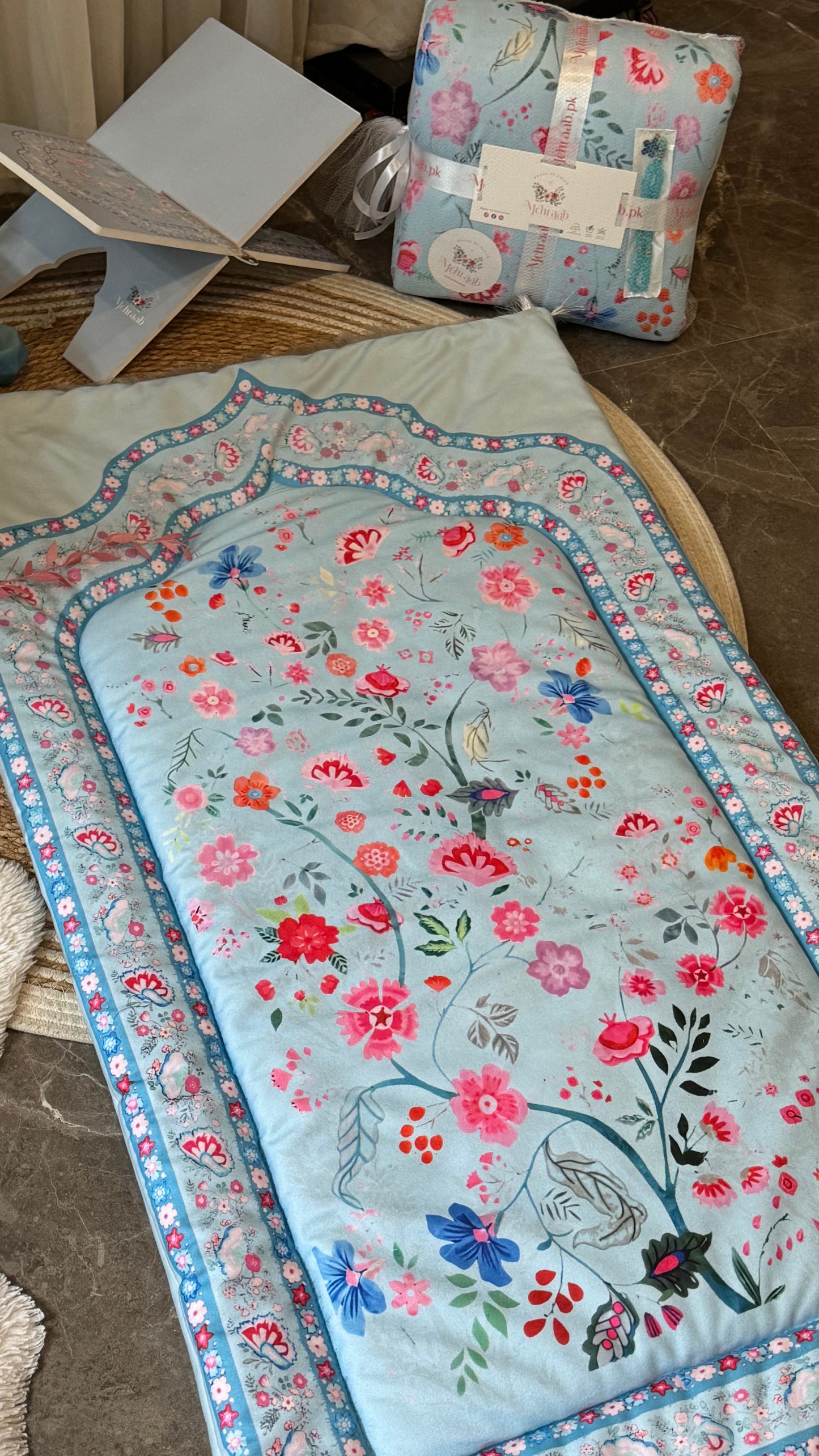Noor-e-Gul – Sky Blue (prayer mat , Rehal ,tasbeeh & bookmark)