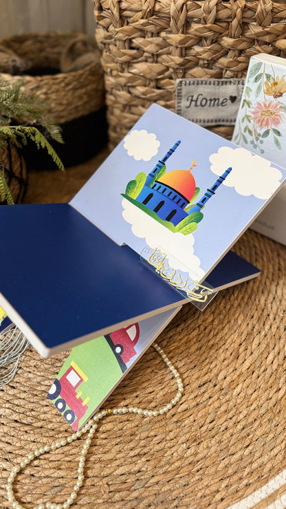 Rk08:sky blue prayer mat with cars and masjid.