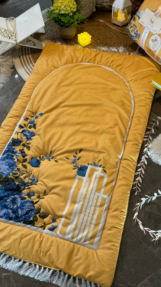 Ad16:Yellow mustard prayer mat/jayenamaz with blue floral bunch.