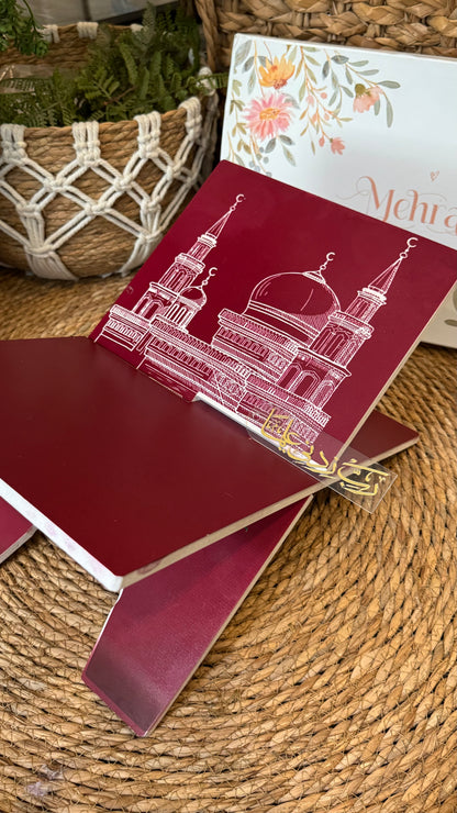 Ad12:Red color masjid e nabwi blessing bundle (prayer mat , Rehal ,tasbeeh & bookmark)
