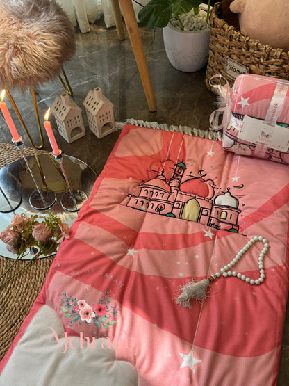 BBk:004(Kids): bundle for kids in shade of pink with illustration of mosque,matching rehal,tasbeeh and bookmark.