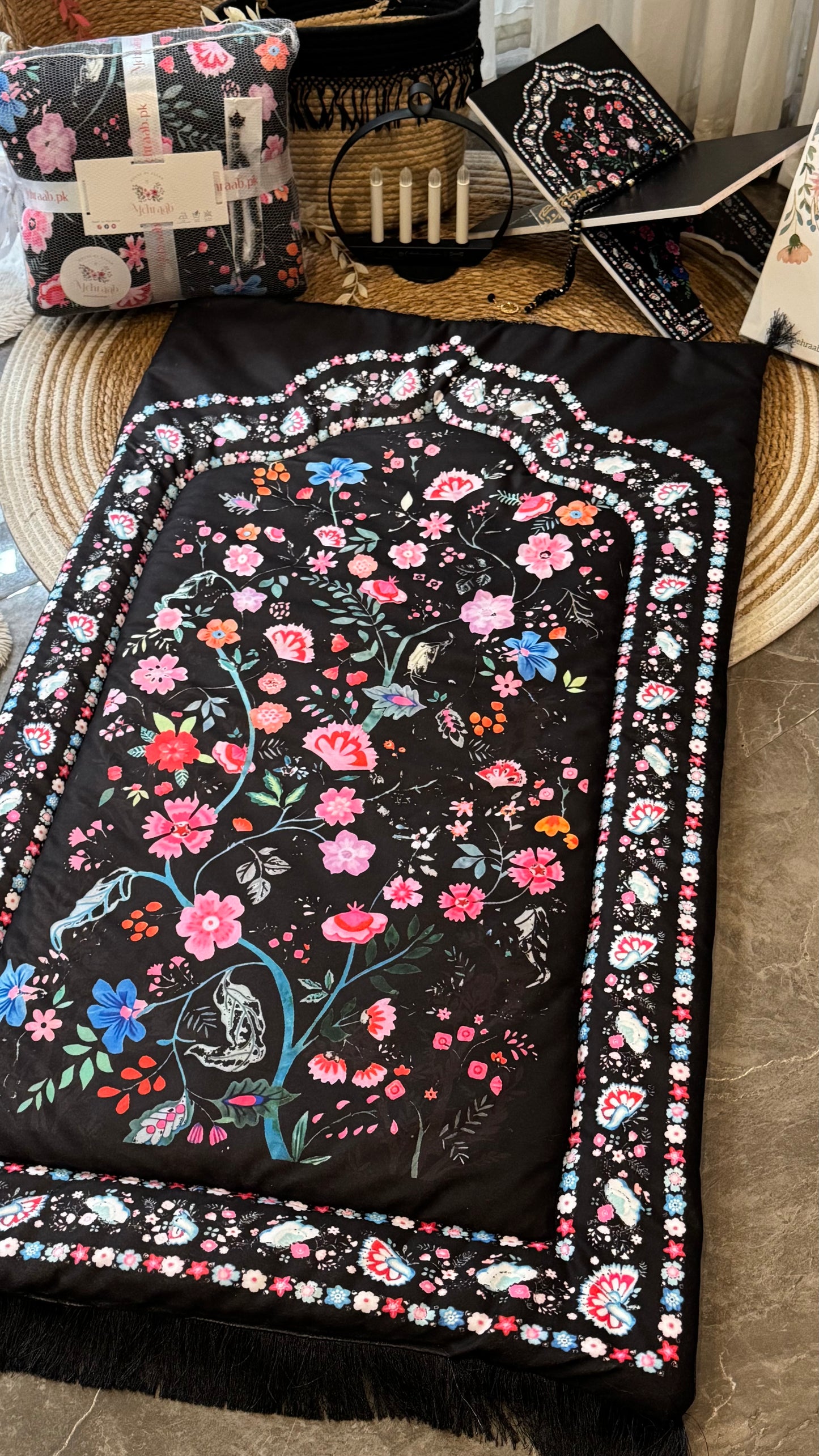 Noor-e-Gul – Midnight Black Velvet Adult Prayer Mat