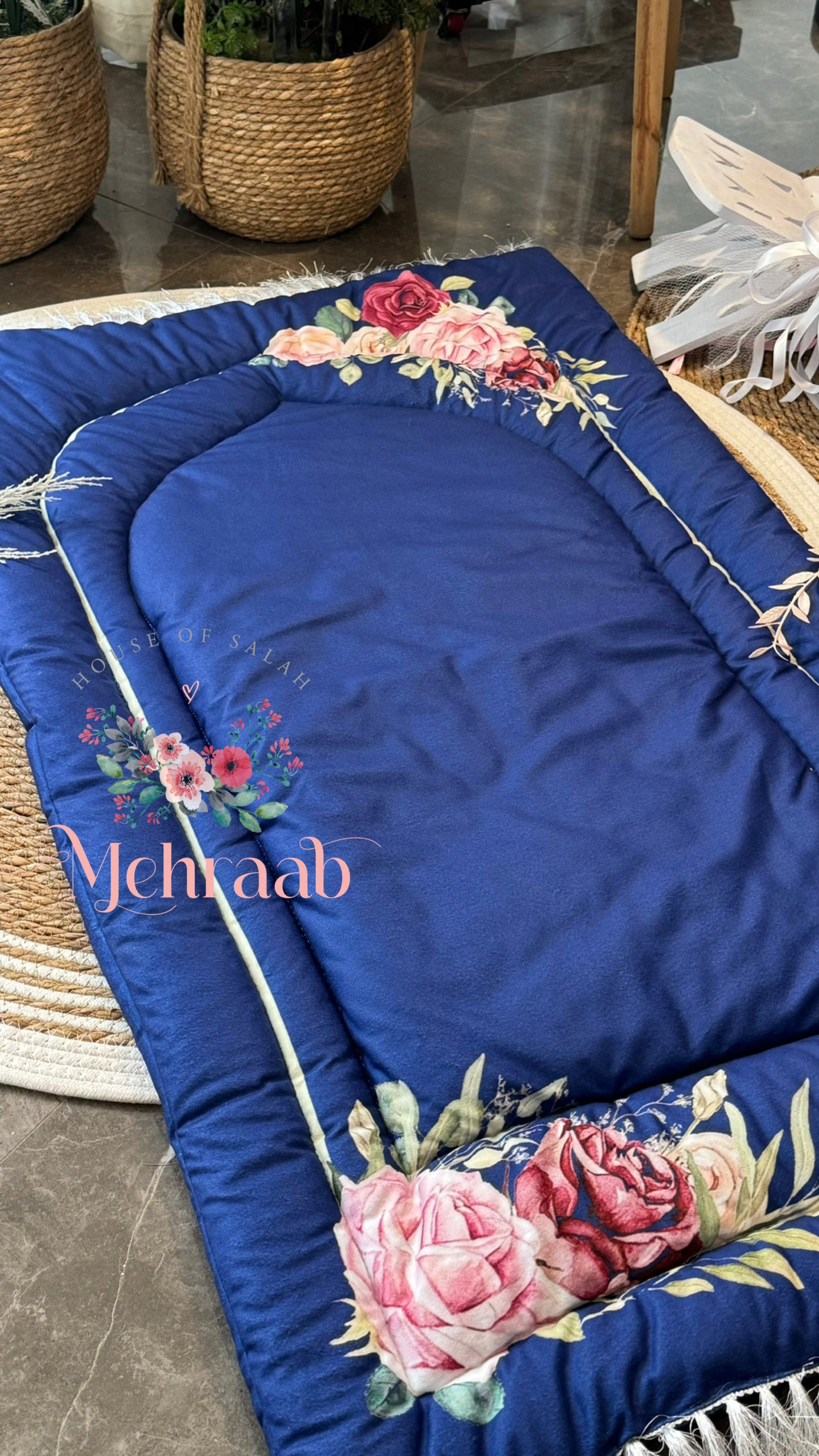 Ad09:Vibrant blue janamaz/prayer mat with floral bunch.