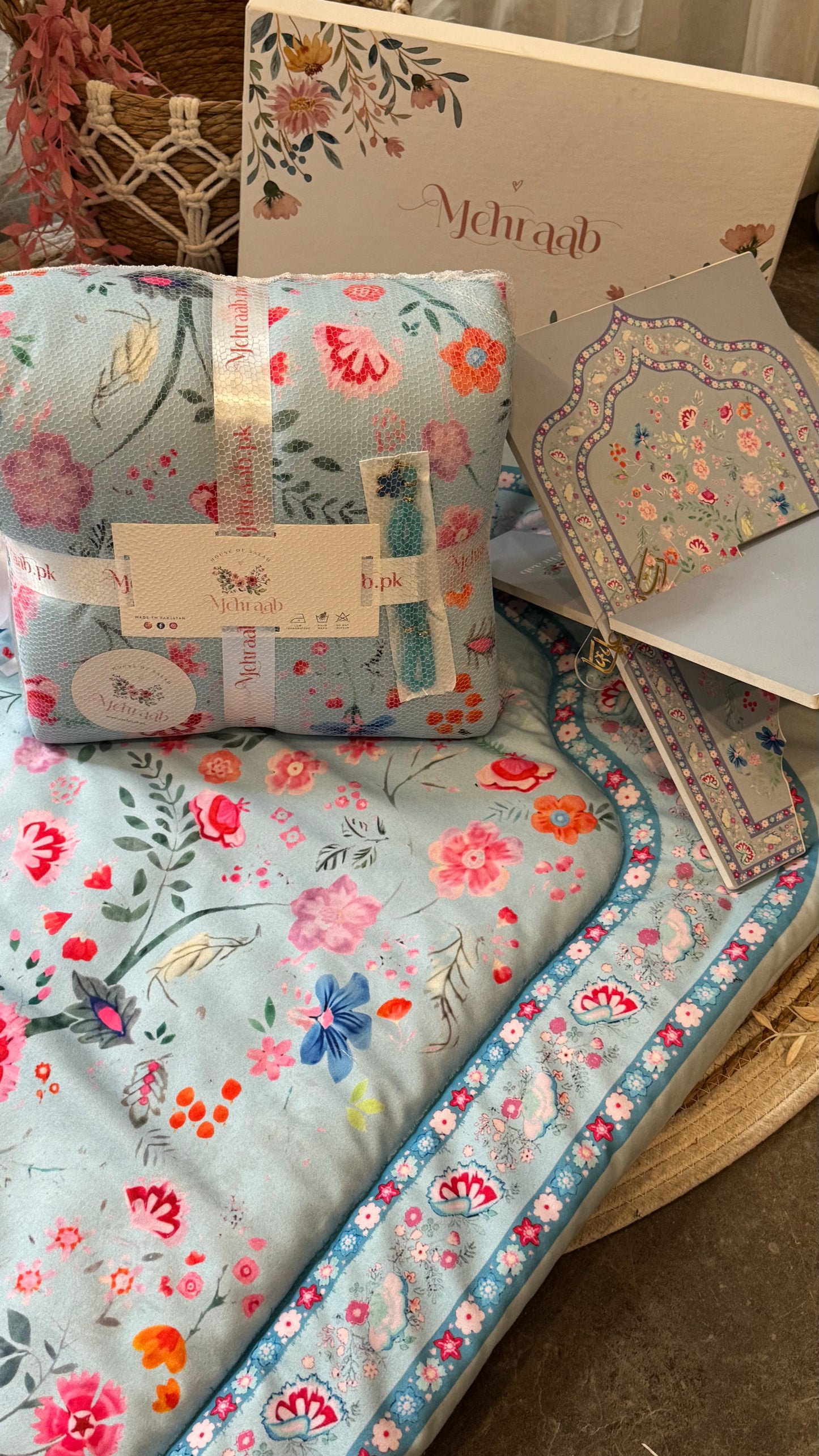 Noor-e-Gul – Sky Blue (prayer mat , Rehal ,tasbeeh & bookmark)