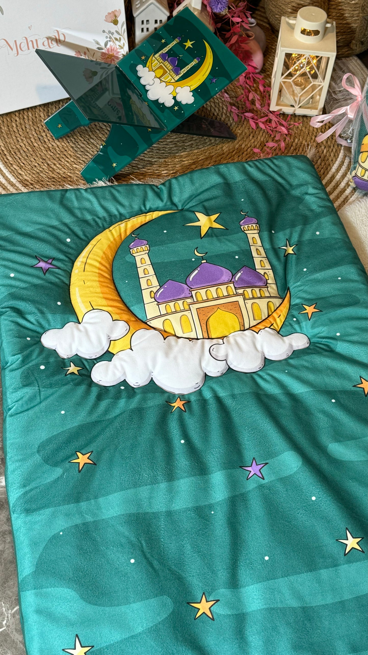 K02:Teal green prayer mat with mosque on the clouds