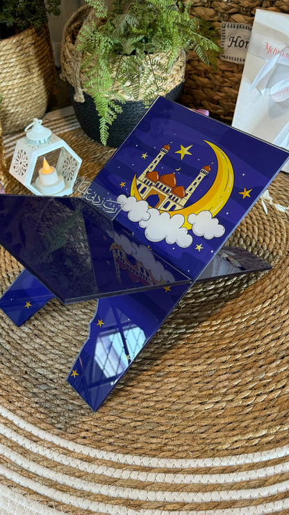 Rk09:purple Rehal/quran holder with moon and mosque: