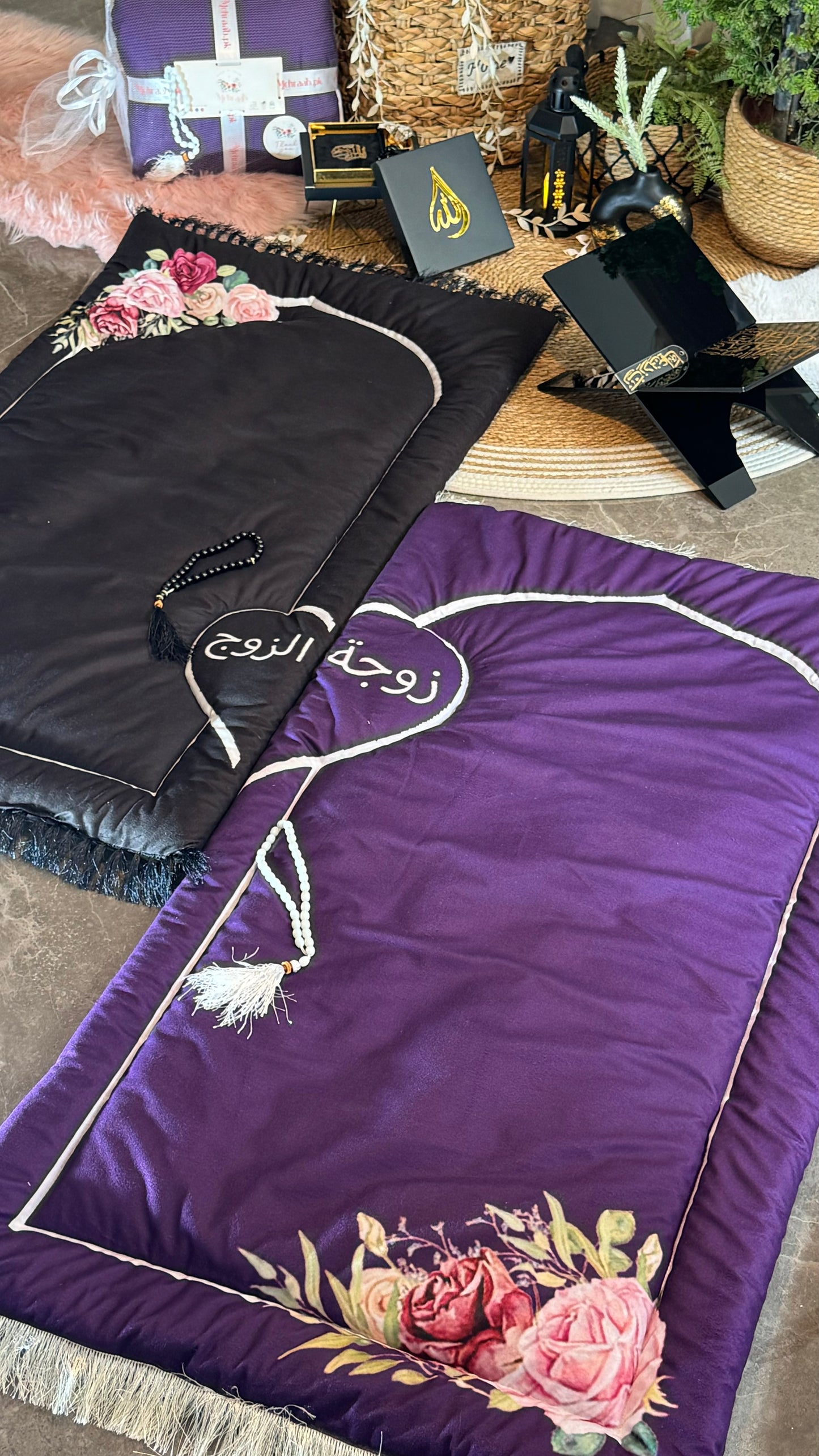 Purple and black couple prayer mats.