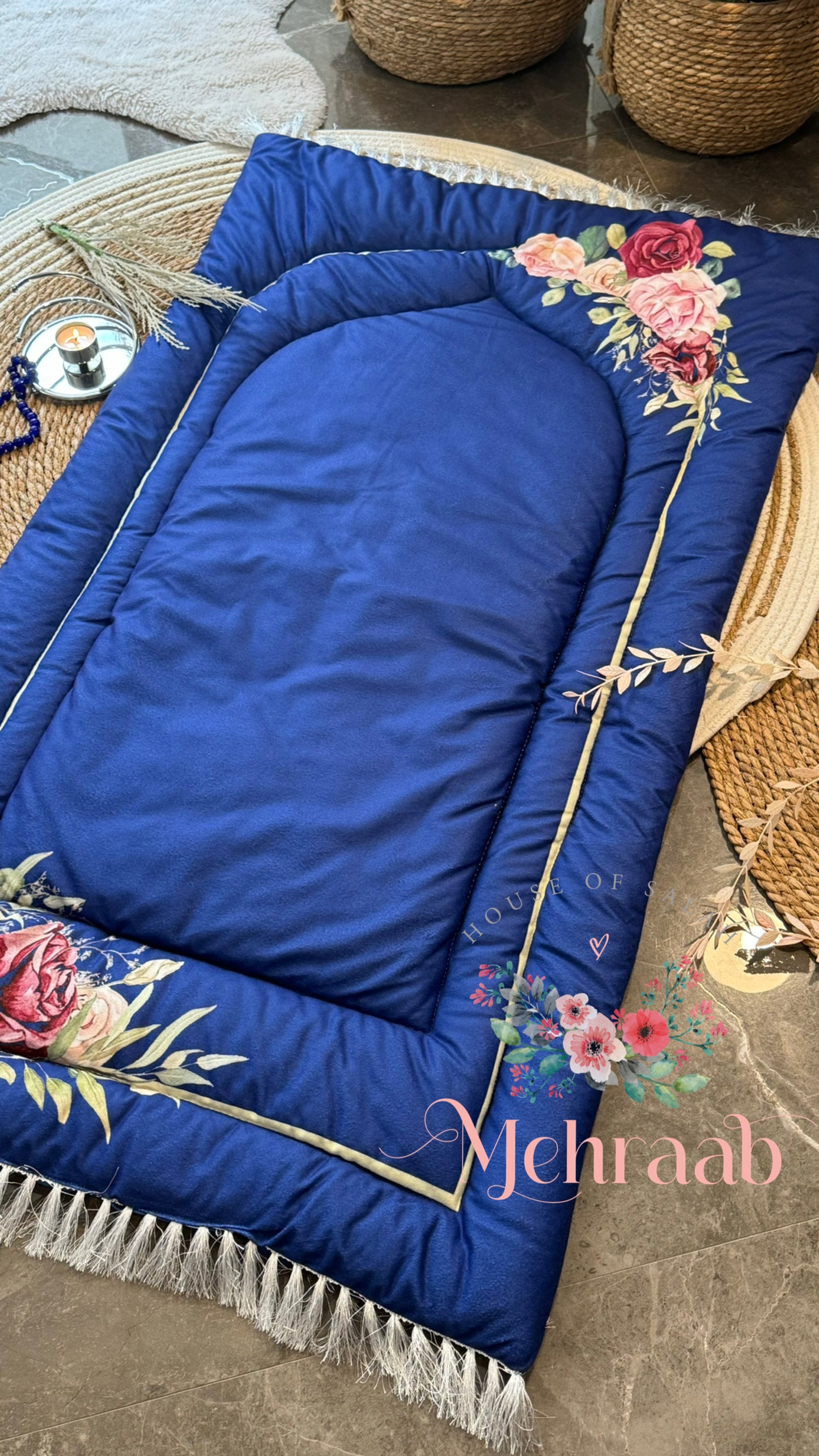 Ad09:Vibrant blue janamaz/prayer mat with floral bunch.