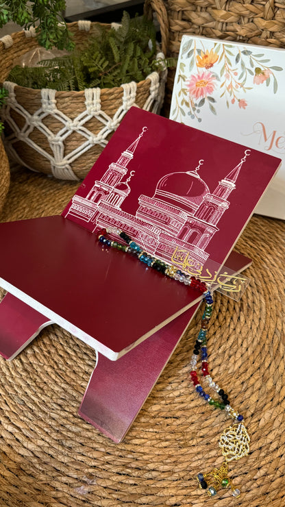 Ad12:Red color masjid e nabwi blessing bundle (prayer mat , Rehal ,tasbeeh & bookmark)
