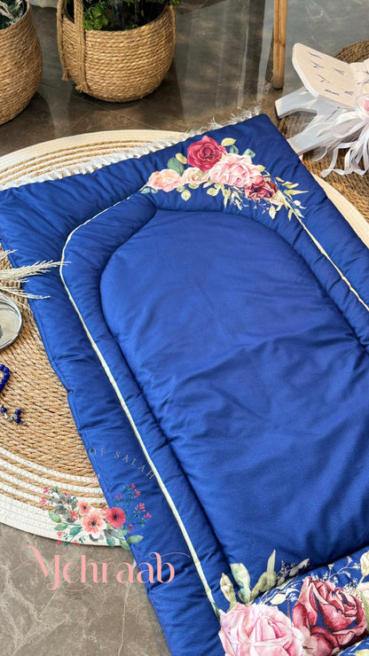 Ad09:Vibrant blue janamaz/prayer mat with floral bunch.