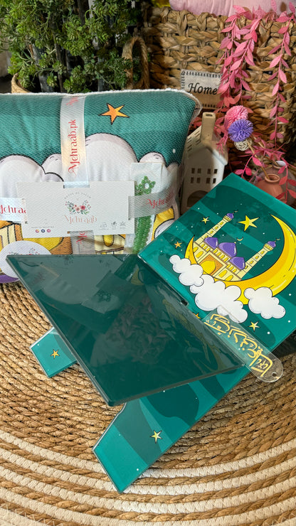 K02:Teal green prayer mat with mosque on the clouds