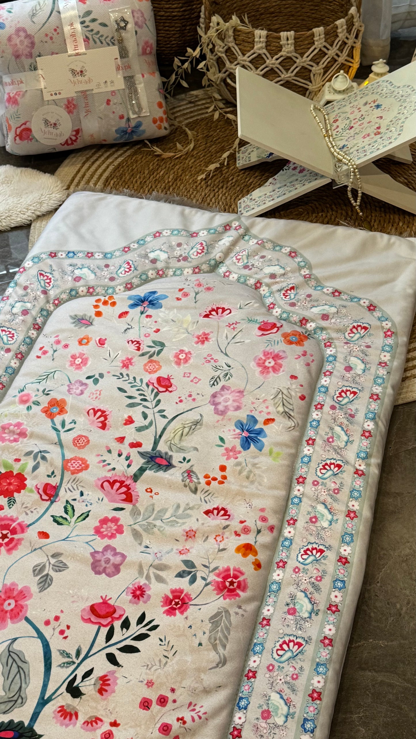 Noor-e-Gul – Ivory Blush blessing bundle( prayer mat,Rehal tasbeeh & bookmark)