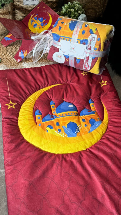 K23:Red prayer mat with vibrant yellow crescent moon.