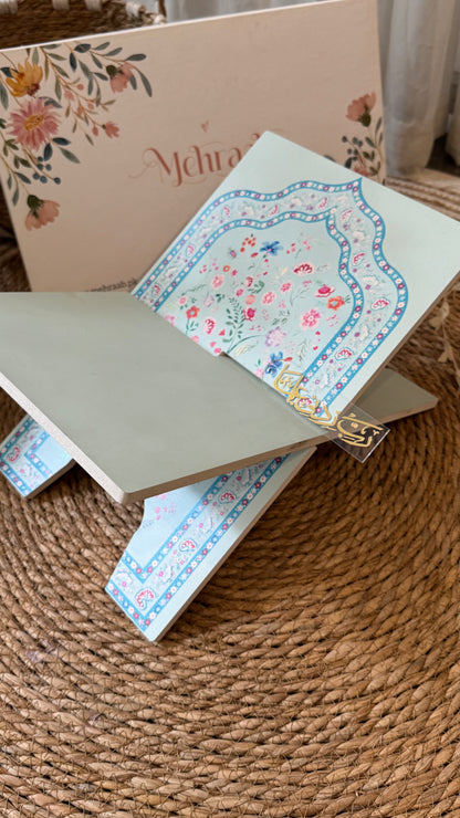 Noor-e-Gul – Sky Blue (prayer mat , Rehal ,tasbeeh & bookmark)