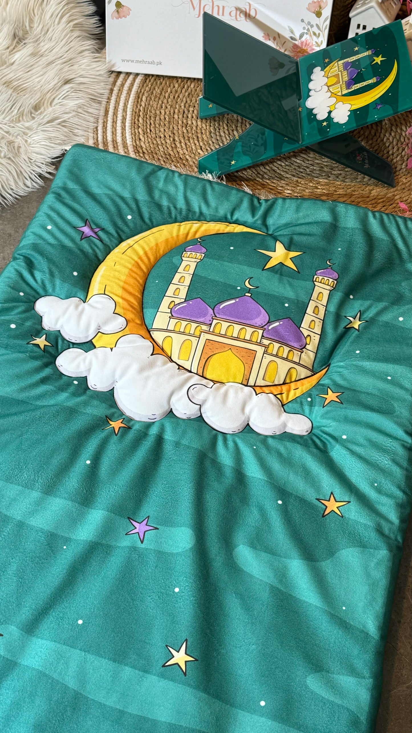 K02:Teal green prayer mat with mosque on the clouds