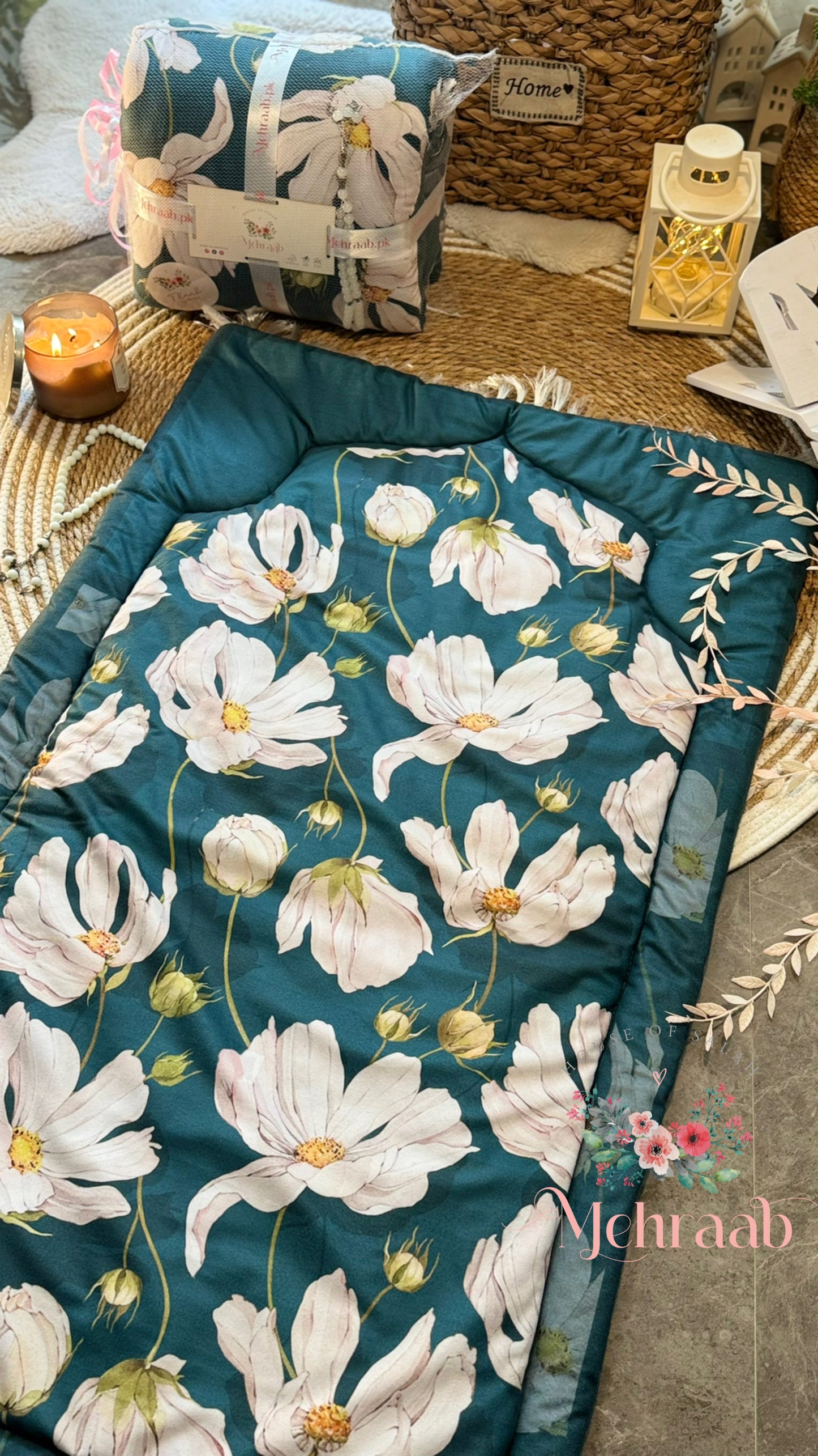 Ad10:Teal green janamaz with floral print